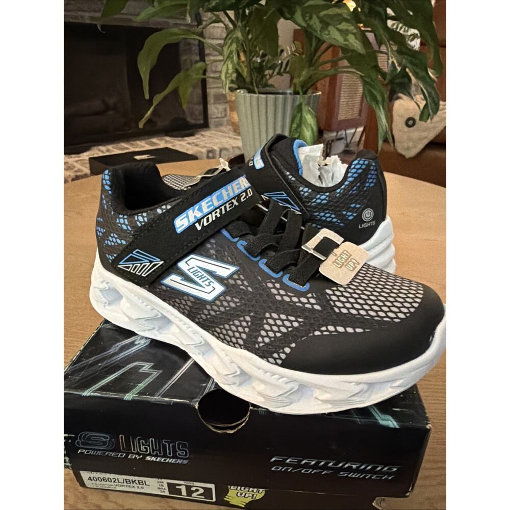 Skechers S Lights Vortex 2.0 Kids 12 Black Blue Light Up Sneaker 400602L